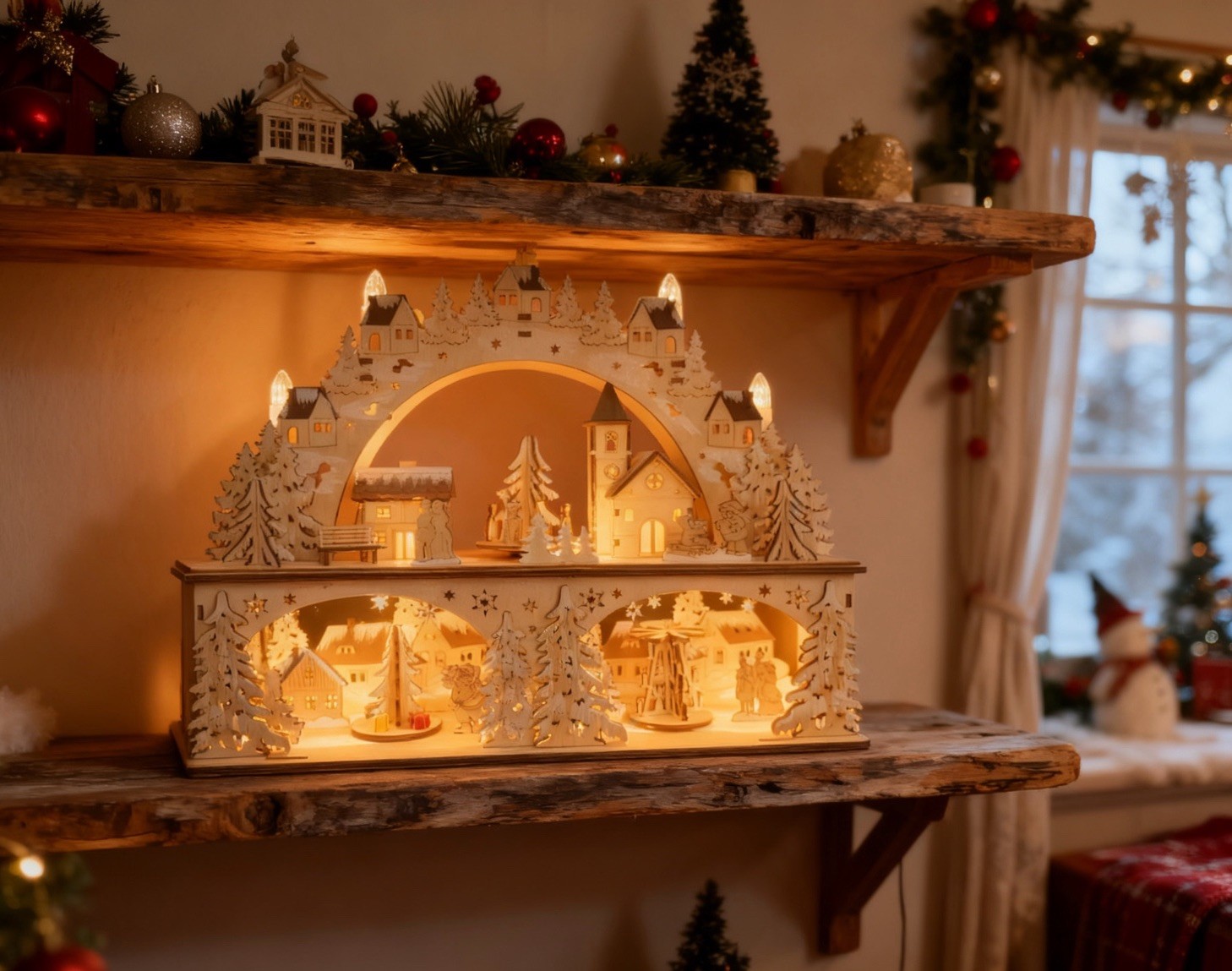 15” Animated Christmas Village Candelabra LED Light Laser Cut Wood Santa Kids