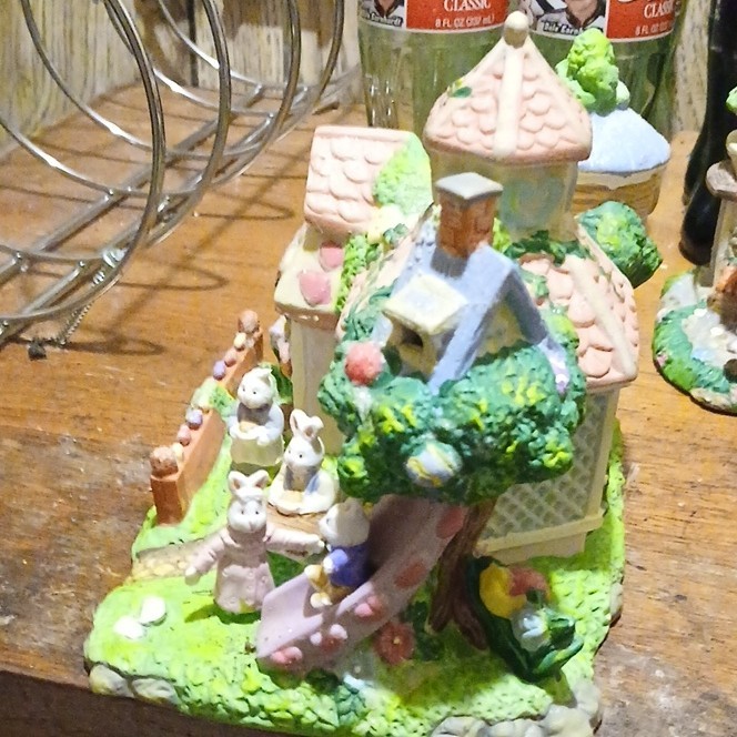 Hand Painted Ceramic & Porcelain Rabbit Village House Figurine, Multicolor