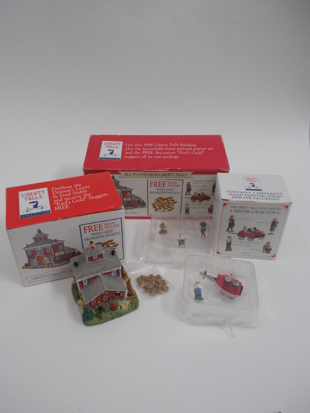 LIBERTY FALLS Dawson’s Livery Fools Gold Pewter Figures Miniature Village House