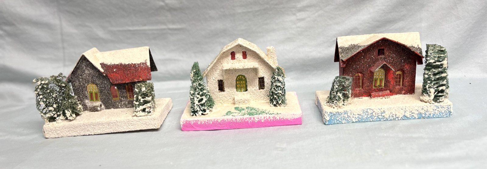 Lot of 3 Vintage Christmas Village Cardboard Paper Putz House Made in Japan