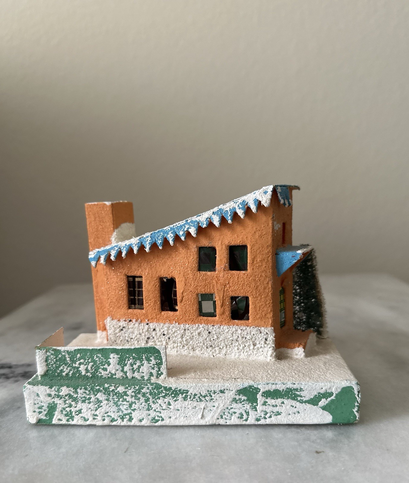 Rare Vintage Japan Adobe Style Putz House Orange Blue Christmas Village Tree