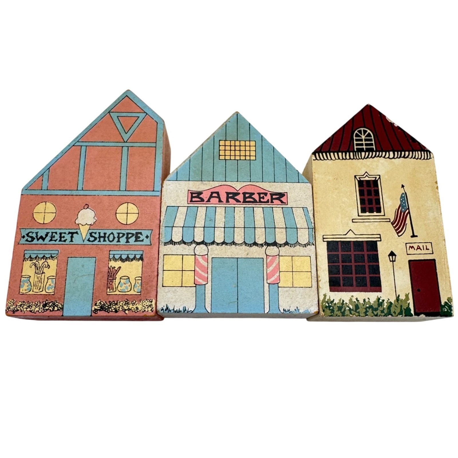 Hand-Painted Wooden Village House Decor Blocks Set Of 3 Vintage