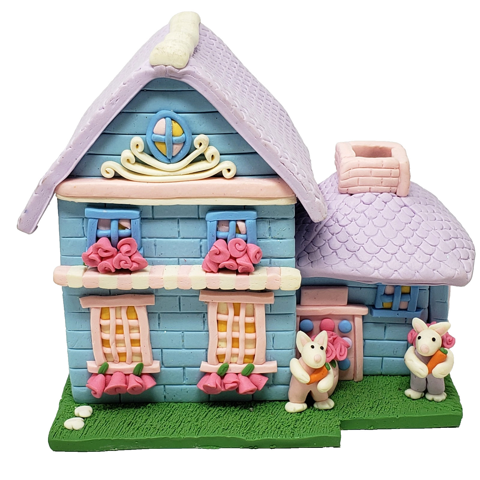 Easter Cottage House w/ Bunny Rabbits Flowers Spring Decor Polymer Clay Handmade