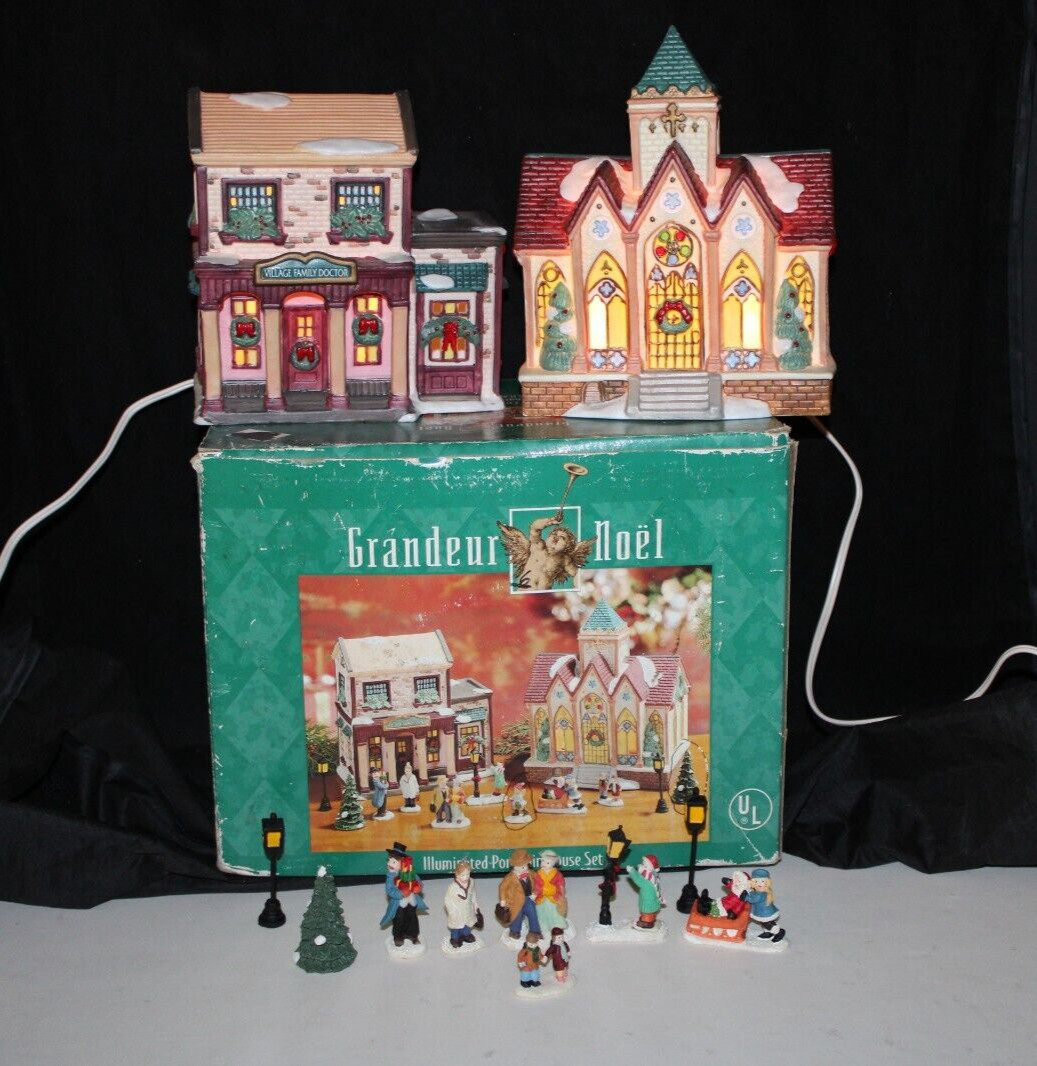 GRANDEUR NOEL ILLUMINATED 2-PIECE PORCELAIN HOUSE SET FIGURES
