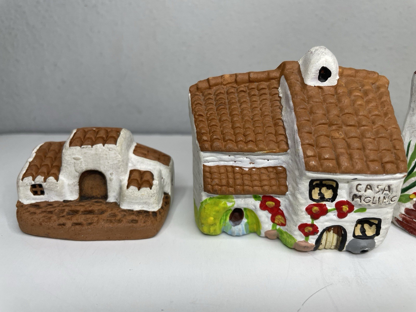 Set Of 4 Spanish Terracotta Miniature Hand Painted Pottery Buildings/Houses