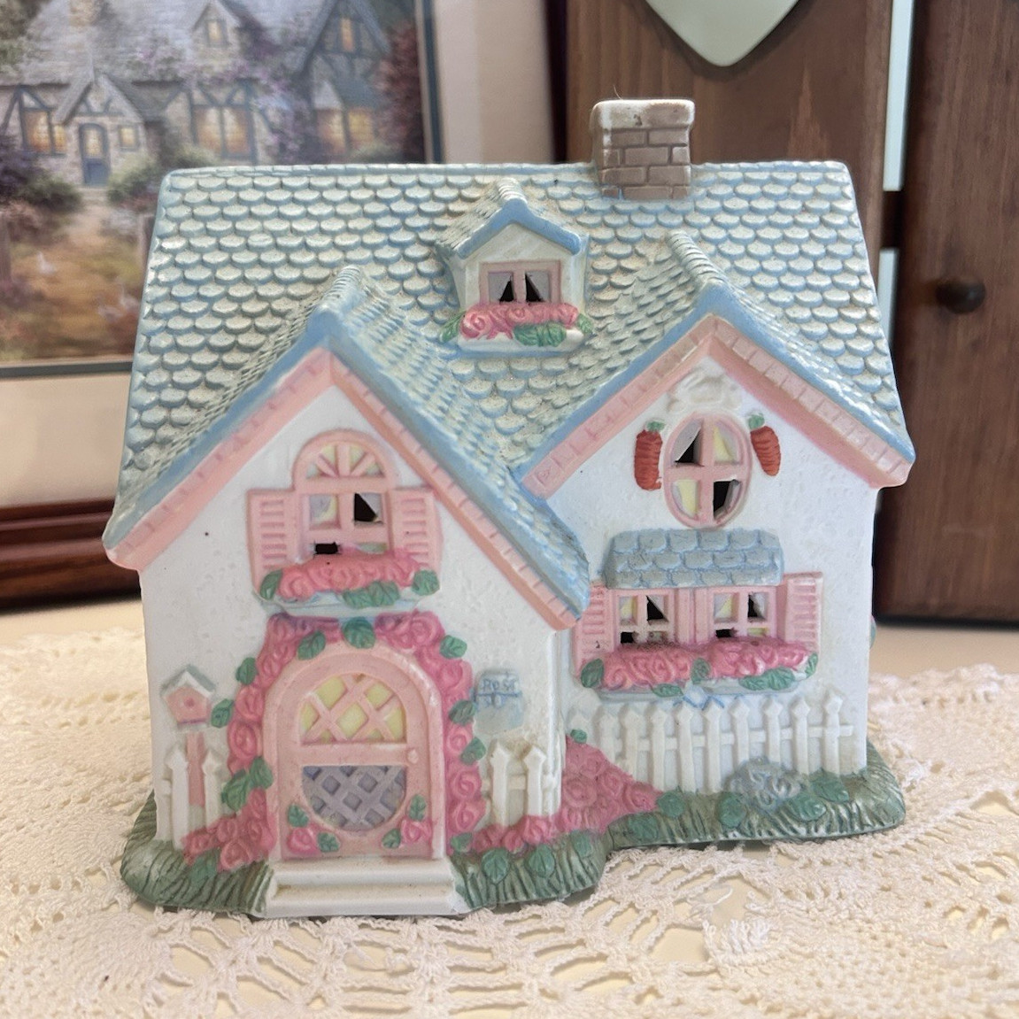 Midwest Importers 1991 Ceramic Cottage House Figurine White Blue Pink