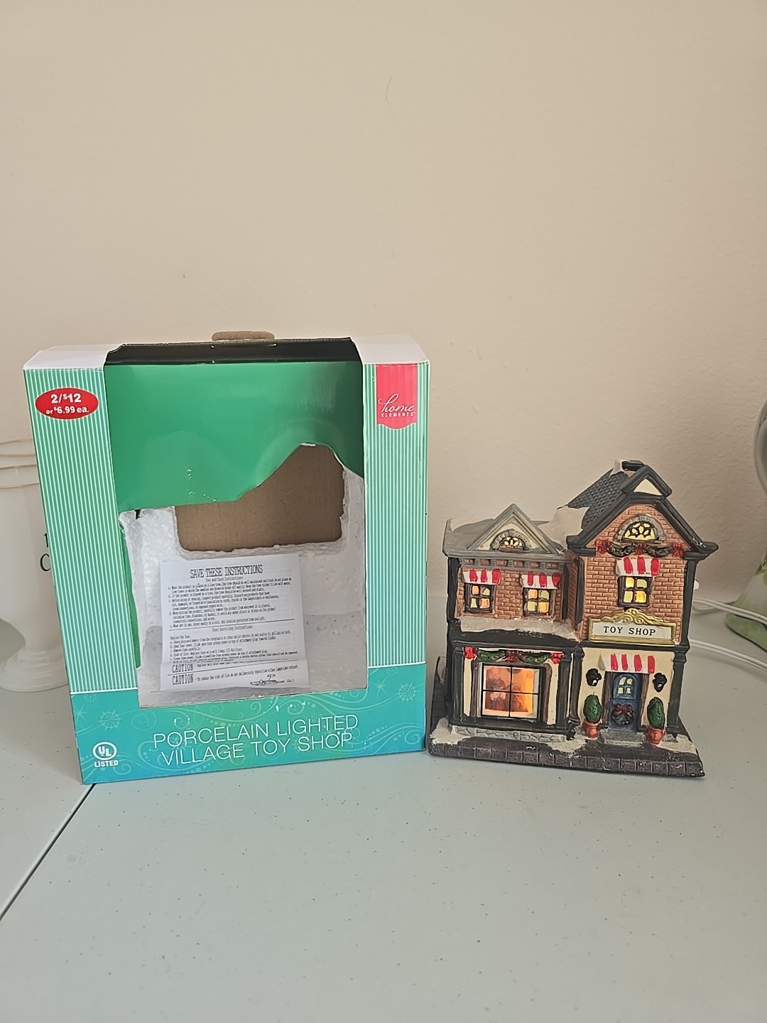 Home Elements Porcelain Lighted Village Toy Shop Christmas Village with Box