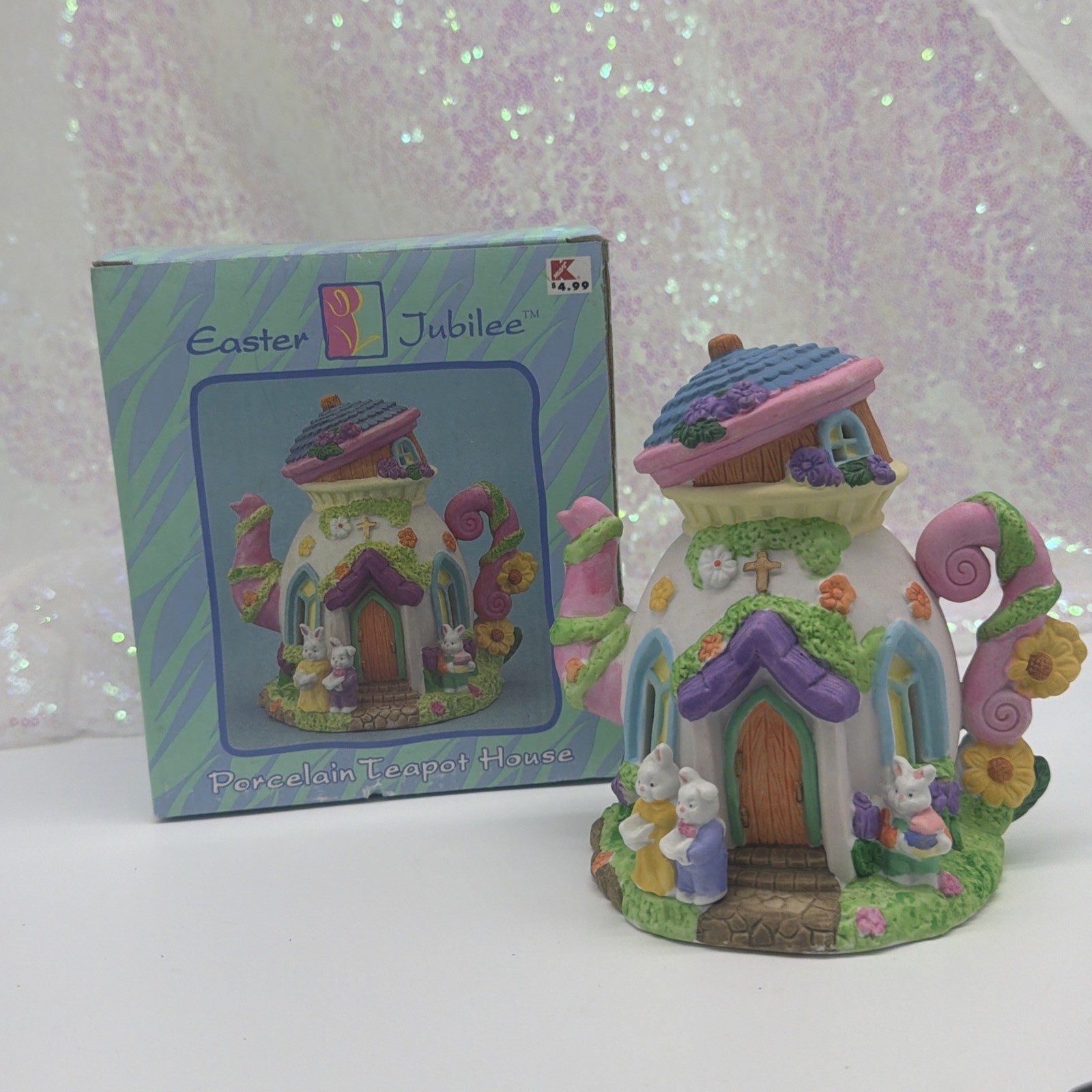 Vintage Easter Jubilee Tea Pot Village House Flower Shop Bunny Cottage 90s KMART