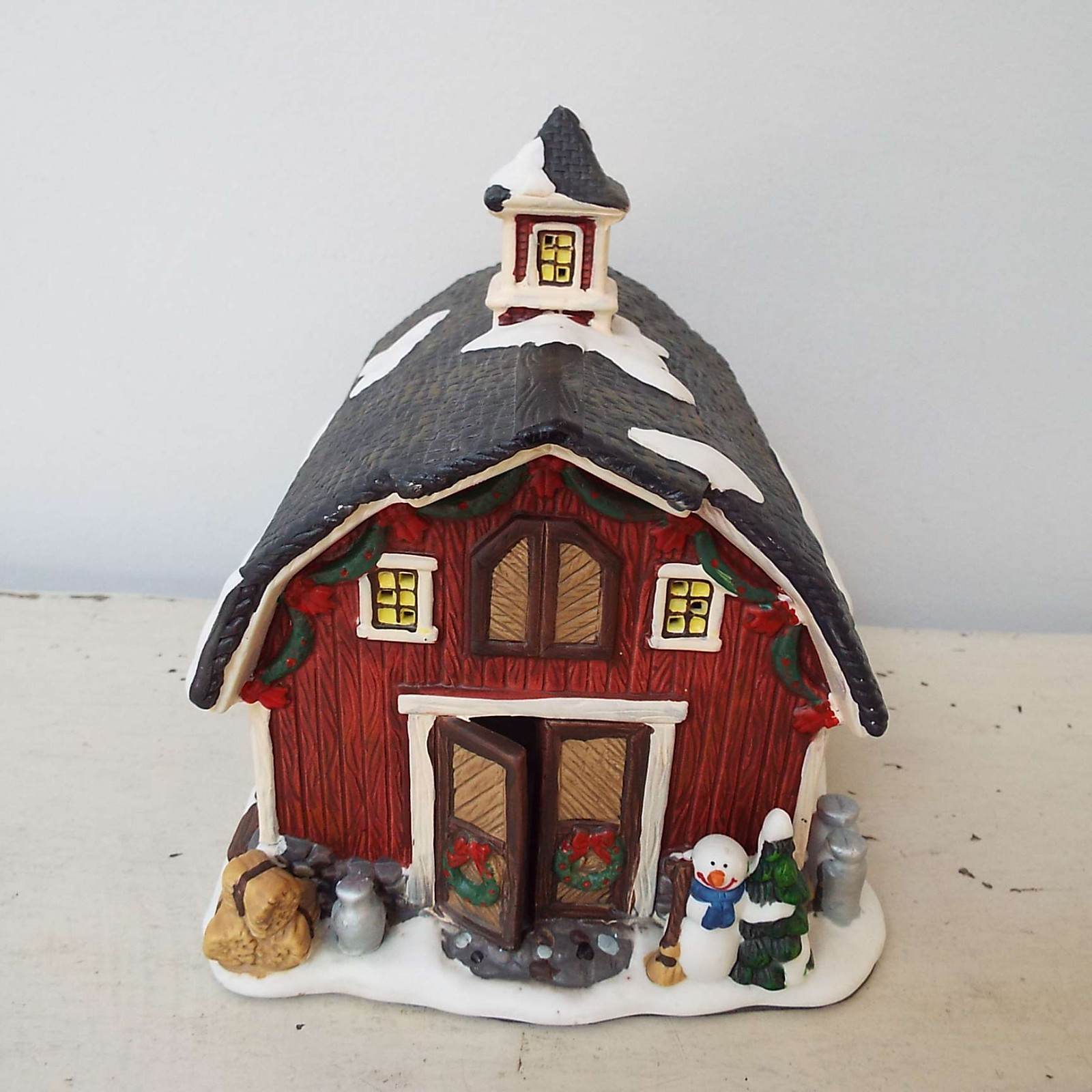 Christmas Village Red Farm Barn Ceramic Light up Snowman Door Open