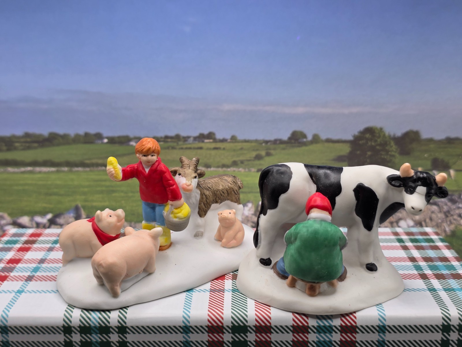 Set of 2 Christmas Village Figurines Farm Animals milking a cow Feeding pig goat