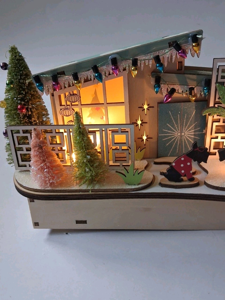 World Market Laser Cut Wood Mid Century Modern House LED Light Up Scottie…