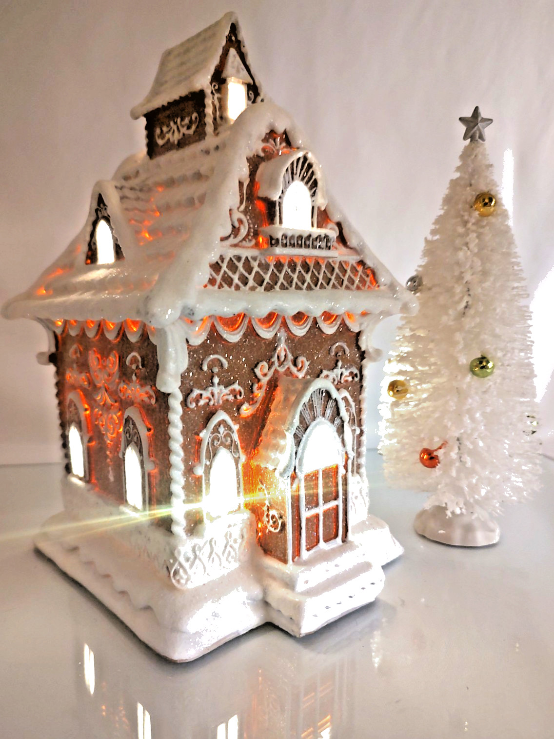 10″ Resin glitter Gingerbread House LED light with tree. White Christmas Decor