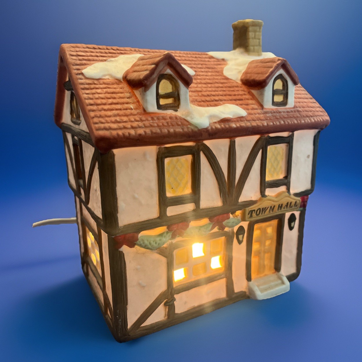 National Decorations 1990 Hand Painted & Lighted Porcelain Christmas Town Hall