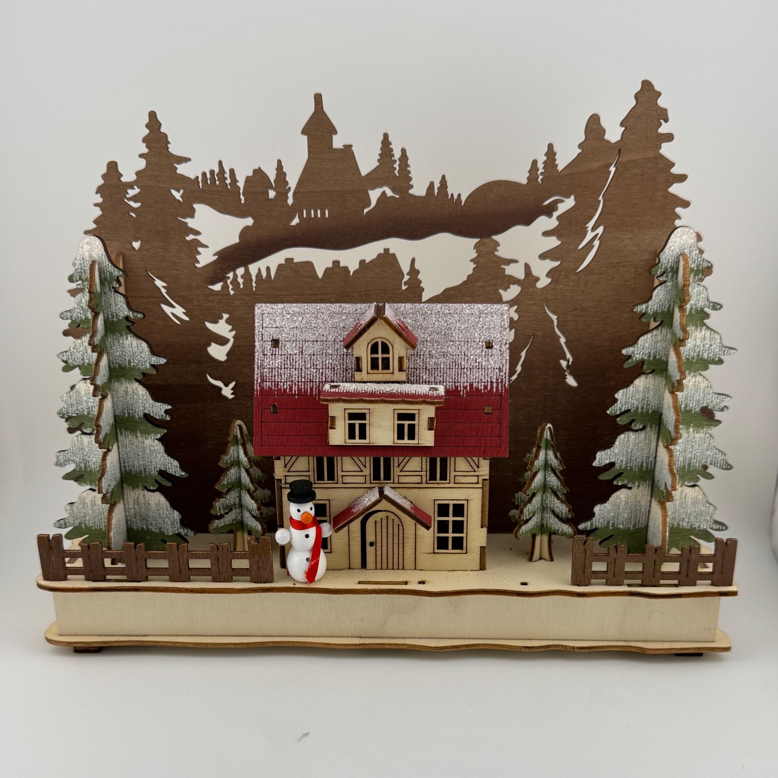 Laser Cut Wood 3D Lighted Christmas Scene Snowman Cottage Trees Musical