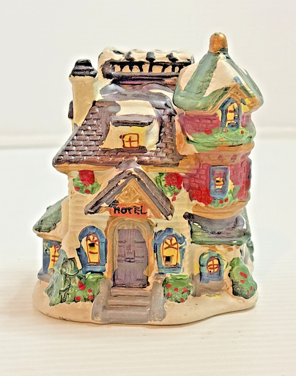 Holiday Inspirations Christmas Village Hotel Hand Painted Porcelain 4.25″