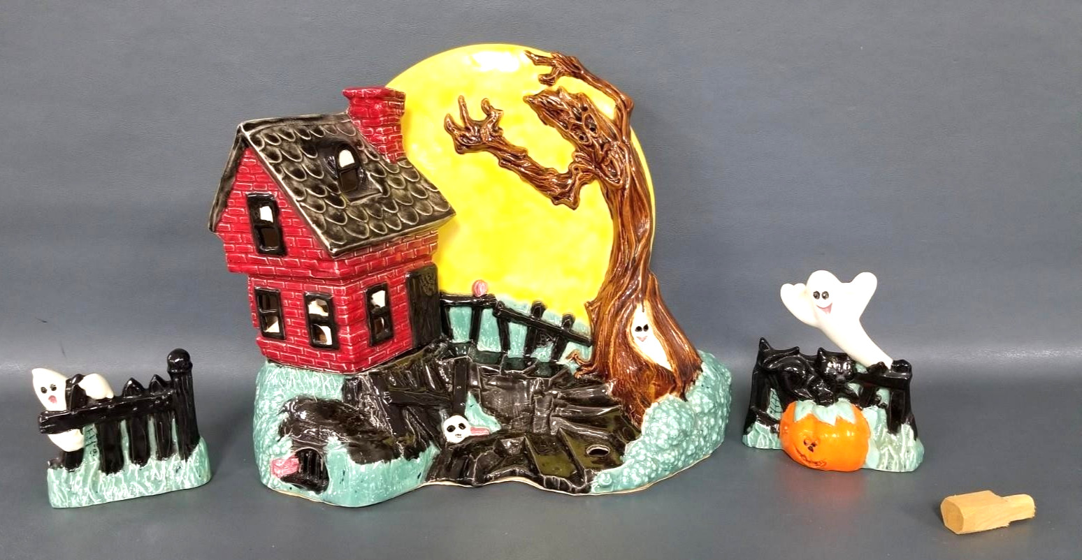 Vintage 4 Pc Ceramic Haunted House Set with Smiling Full Moon Handpainted