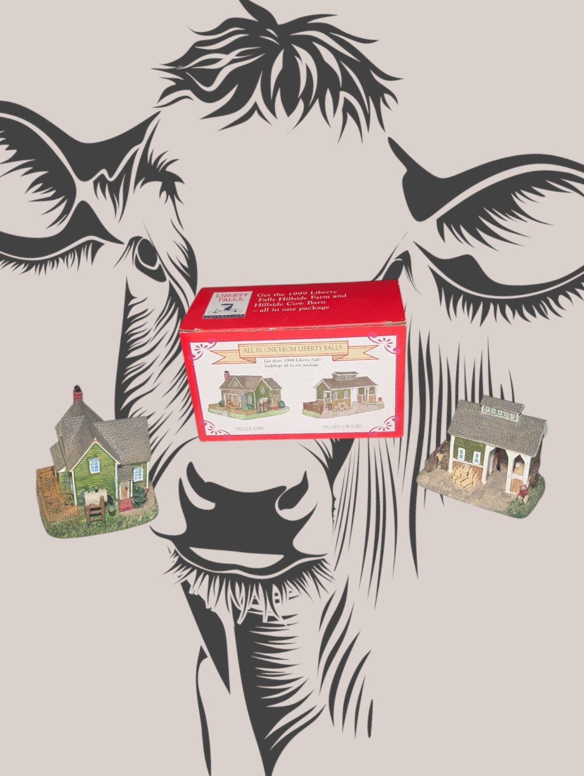 LIBERTY FALLS All In One HILLSIDE FARM & COW BARN 2 Piece Set Resin House