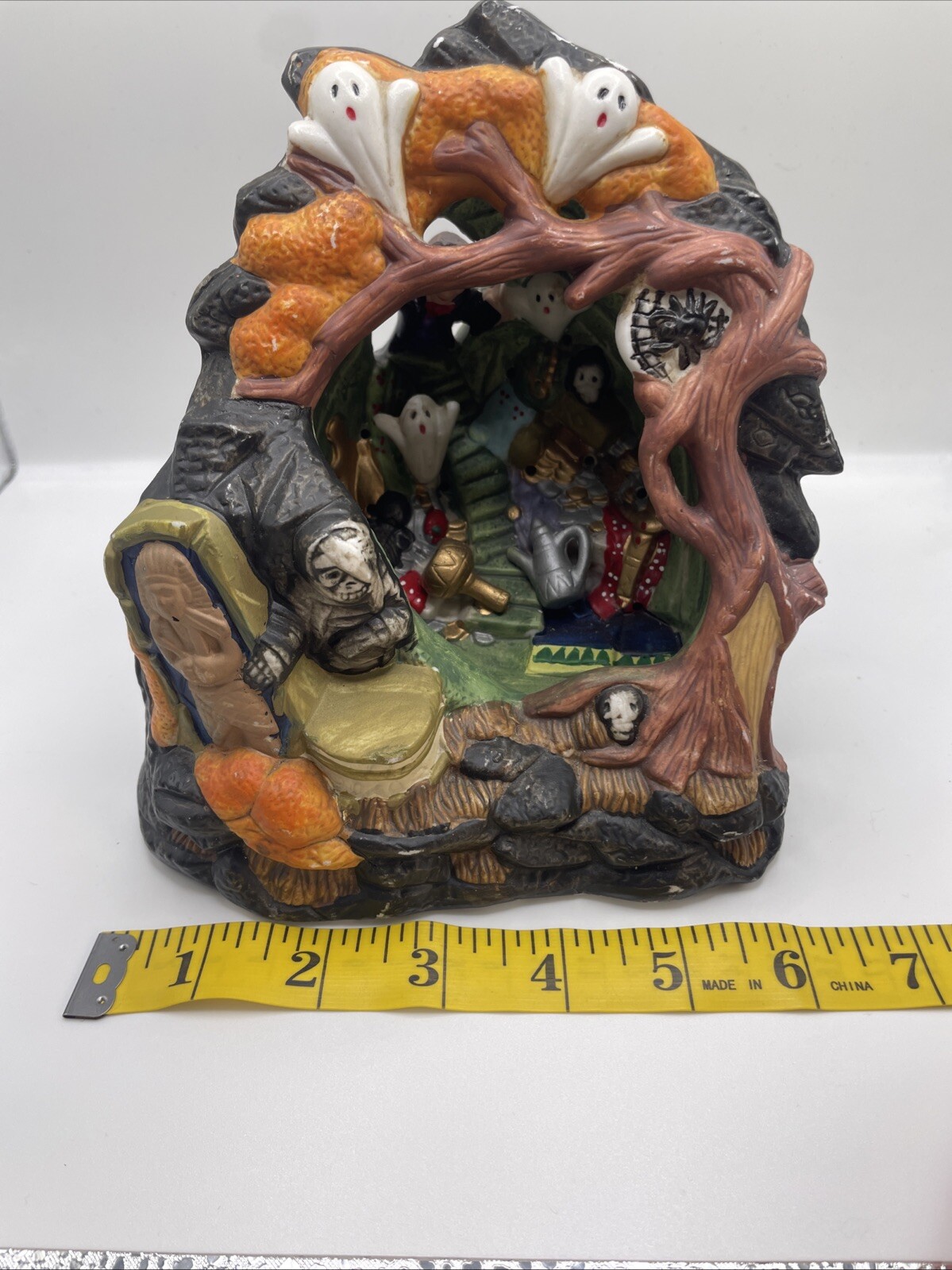Vintage Halloween Village Ceramic Cave Treasure Ghost Spooky Mummy