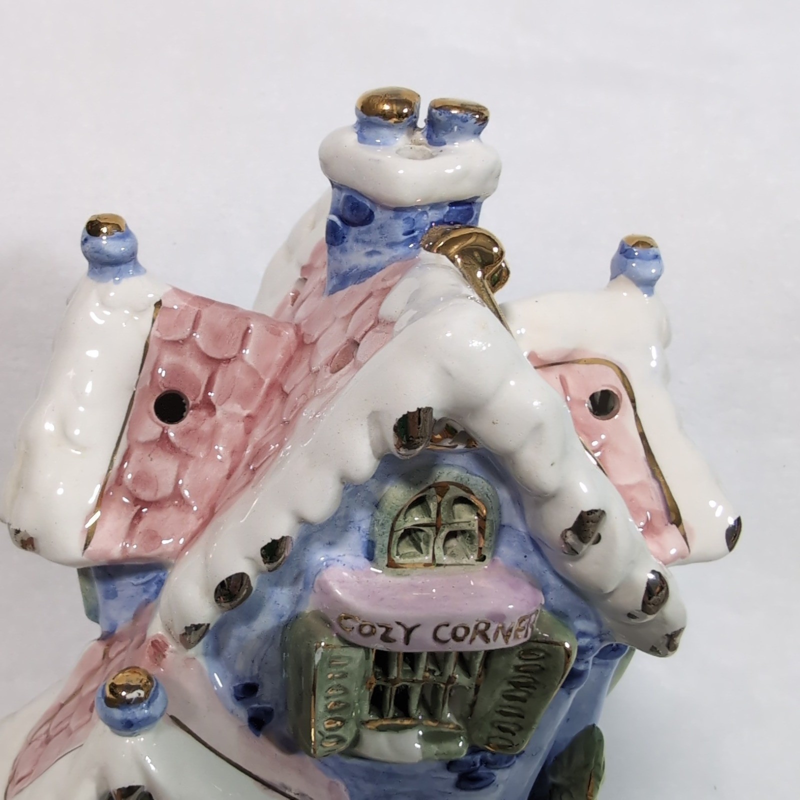 Vintage Cozy Corner Cottage ~Blue Pink Ceramic~ Lighted Christmas House~ Pastel