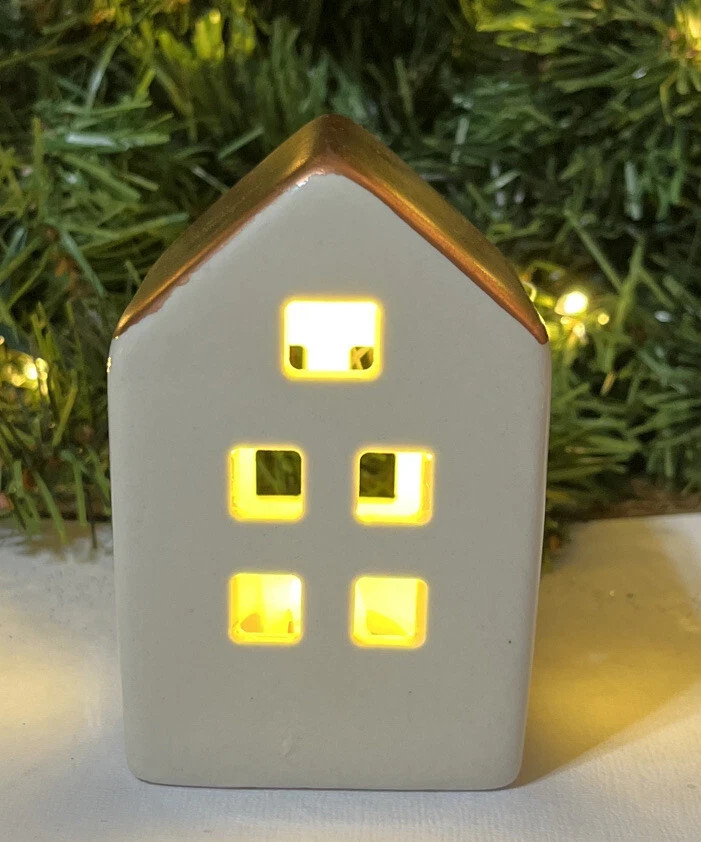 Primitive Porcelain House LED Light Up Country Farm Decor Mini House