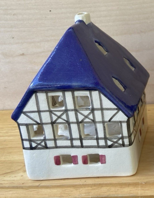 Set of 3 Vintage Ursula Leyk Tea Light Cottages`w/Blue Roofs~Dated 1985 and 1988