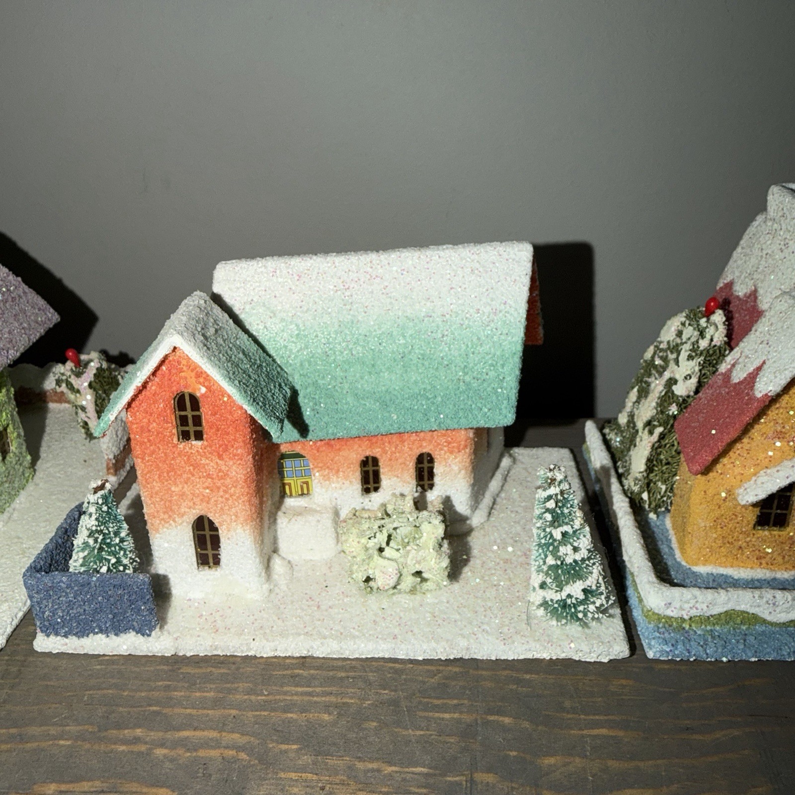 Shiny Brite Christopher Radko Sparkle Town, Set of 3 Putz Houses Frost Glenn
