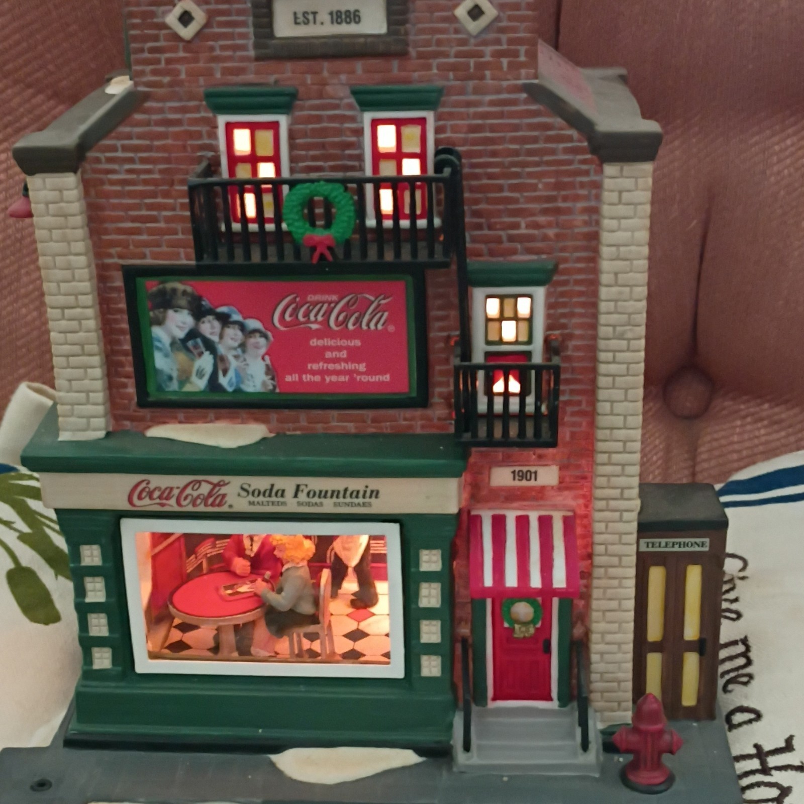 Coca-Cola Illuminated Ceramic Soda Fountain Village Building, Multicolor