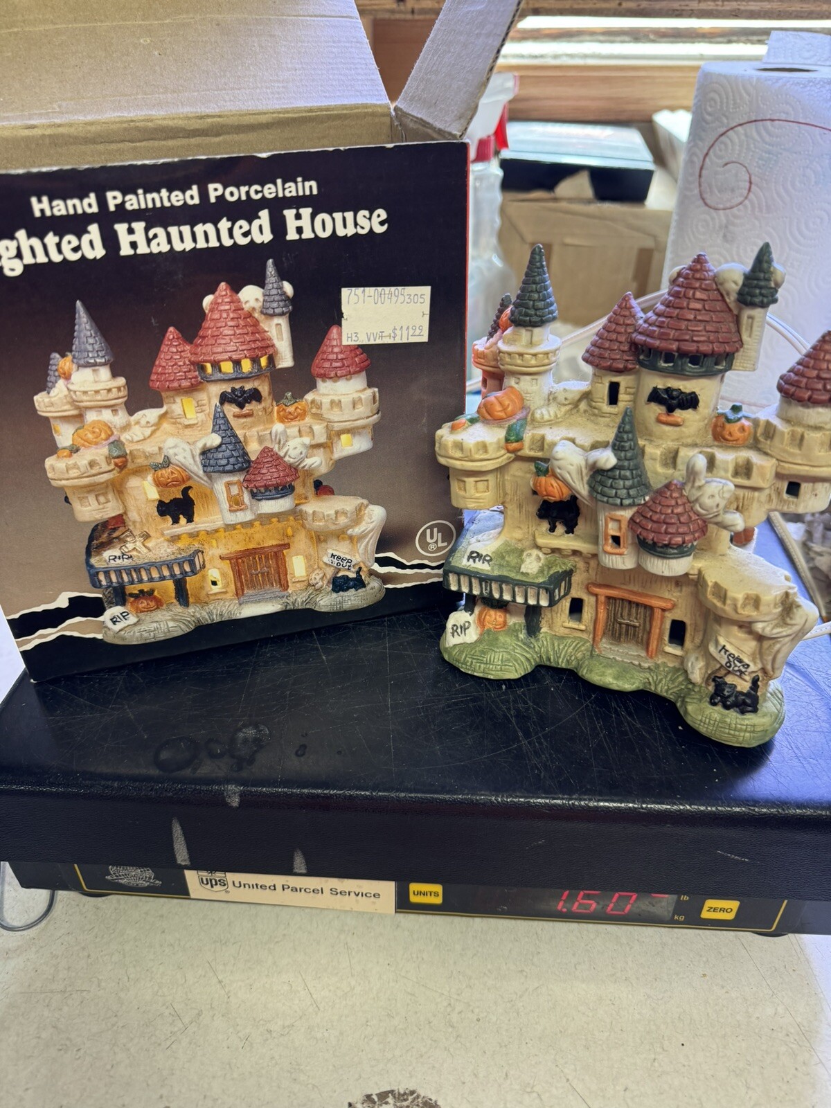 Vintage Hand Painted Lighted Porcelain Haunted House Halloween Ghost Pumpkin