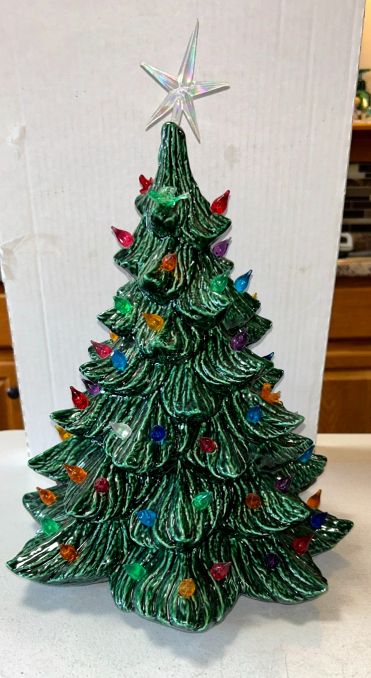 Vintage 1970’s Ceramic Mold Large Christmas Tree 13″ Tall, No Light