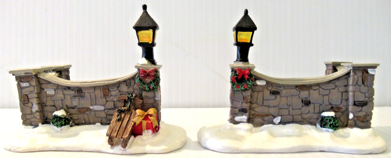 HOLIDAY TIME “STONE WALL WITH LAMPS” ~ (SET OF 2) ~ ** TRADITIONAL VILLAGE **