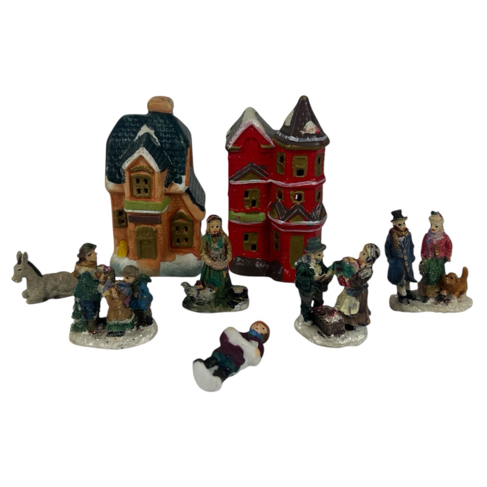 Vtg Christmas Village Mini Figures Lot 8pc – 1.5” Buildings People & Donkey