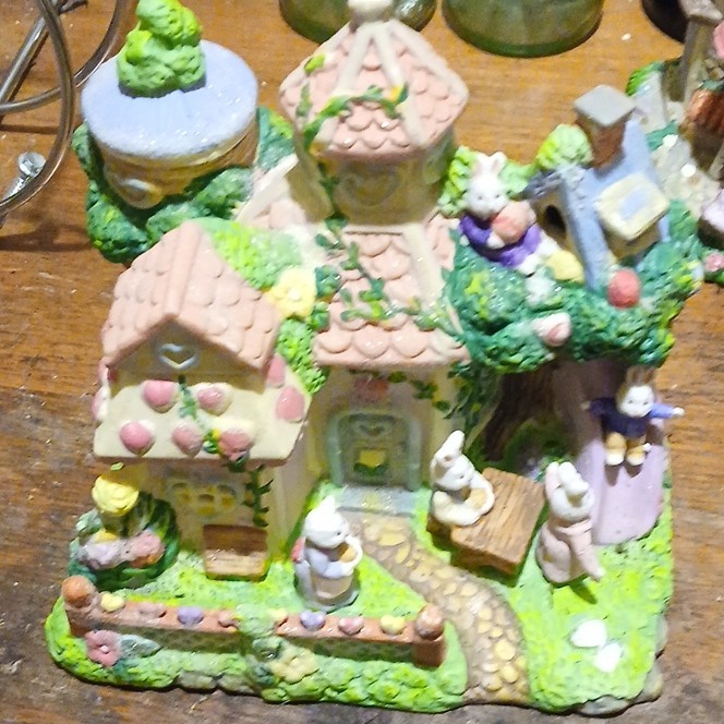 Hand Painted Ceramic & Porcelain Rabbit Village House Figurine, Multicolor