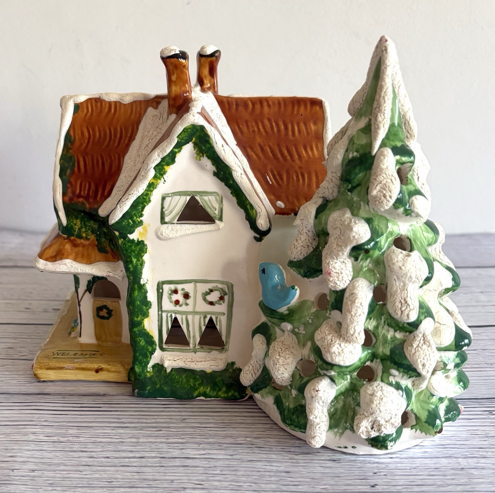 Vintage Ceramic Christmas House Tree Cottage Snow Village