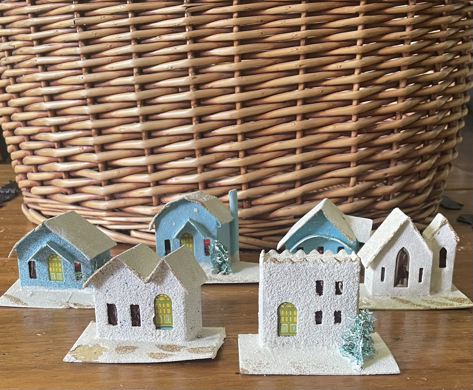 Vintage Lot 6 Japan Putz Cardboard Houses Miniature Church Village Mica