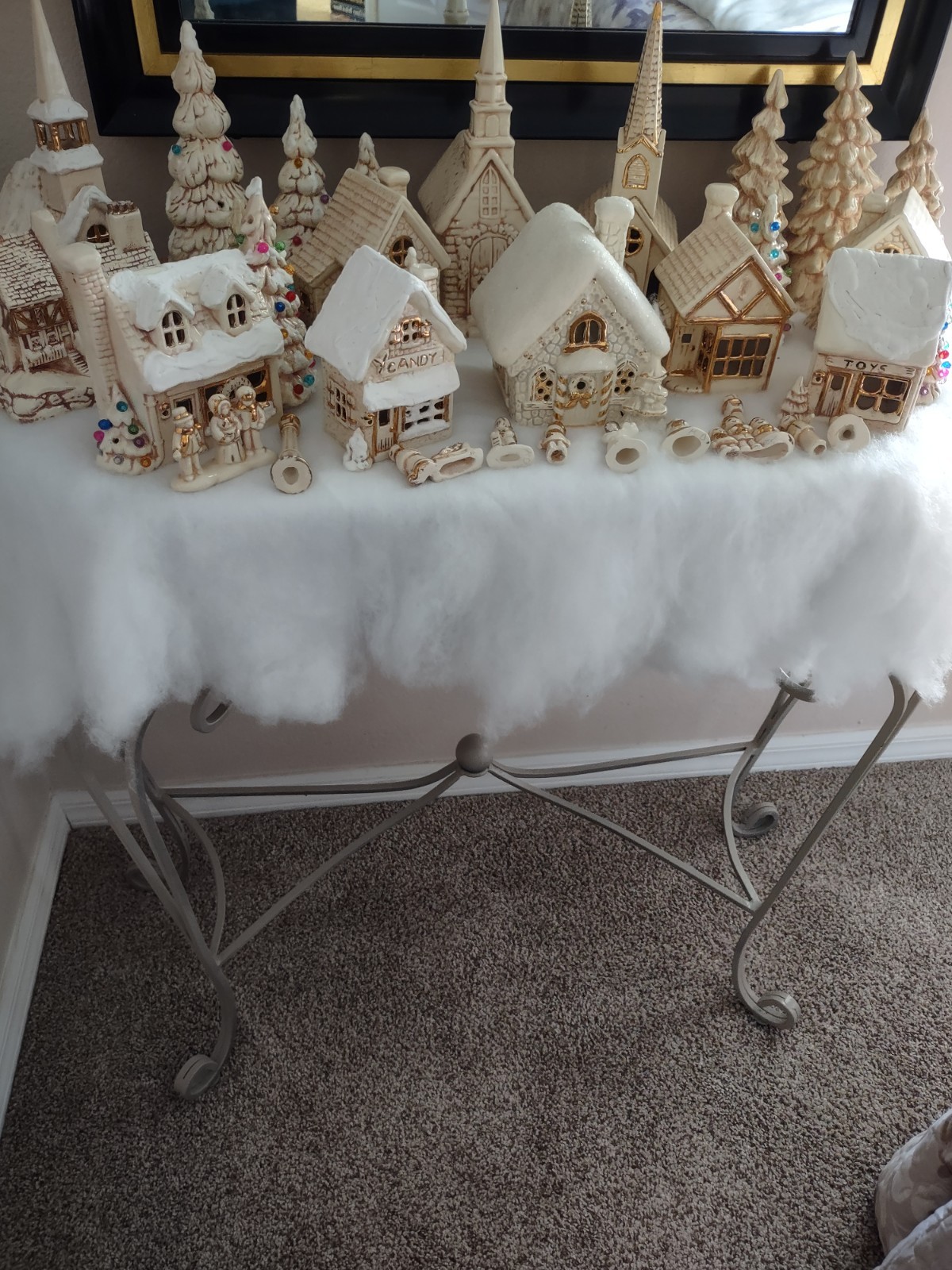 Vintage Ceramic Village 16 Pieces Plus Extra Figures , Hand Painted Gold Trim