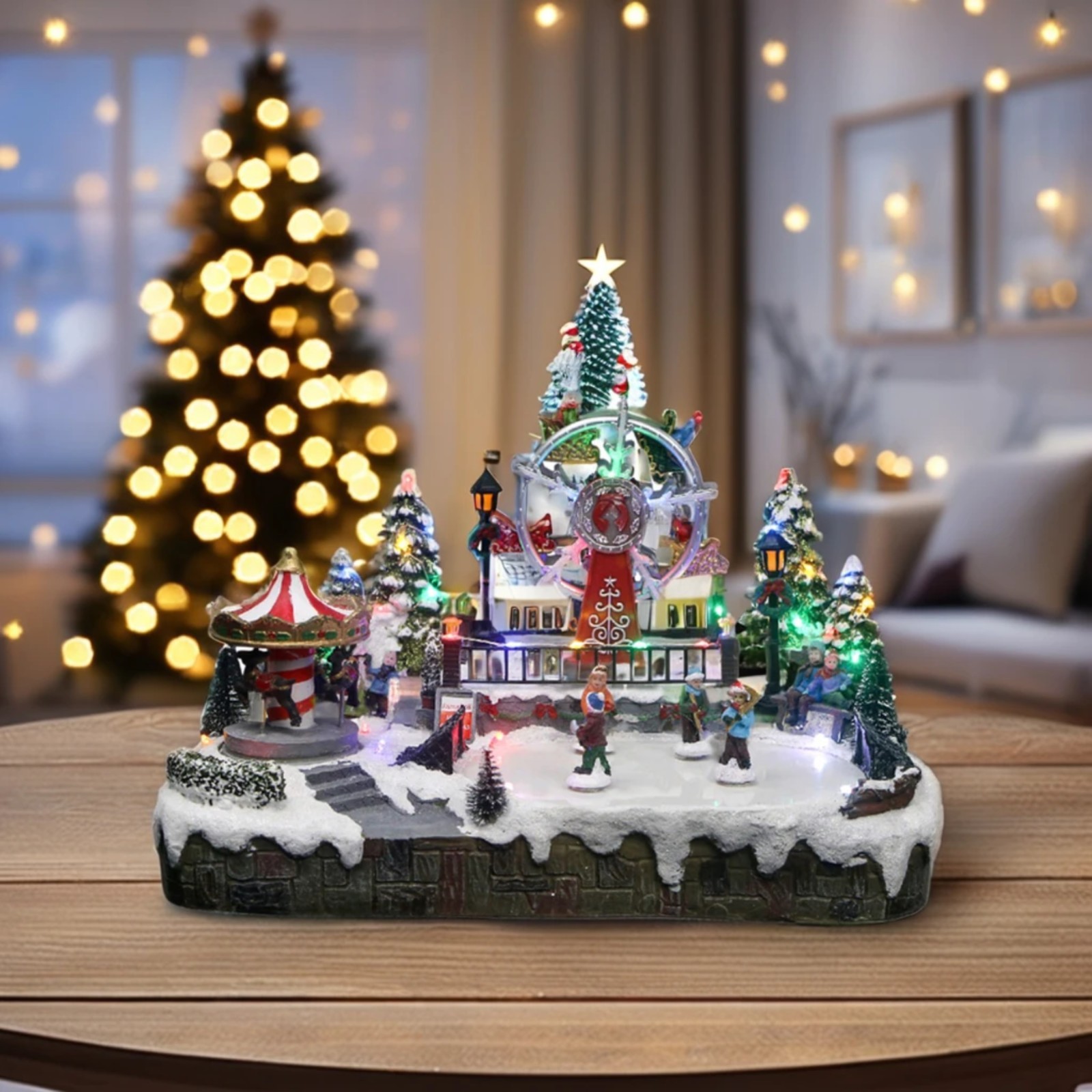 Christmas Village Led Lights Moving Skaters, Carousel And Ferris Wheel Functio
