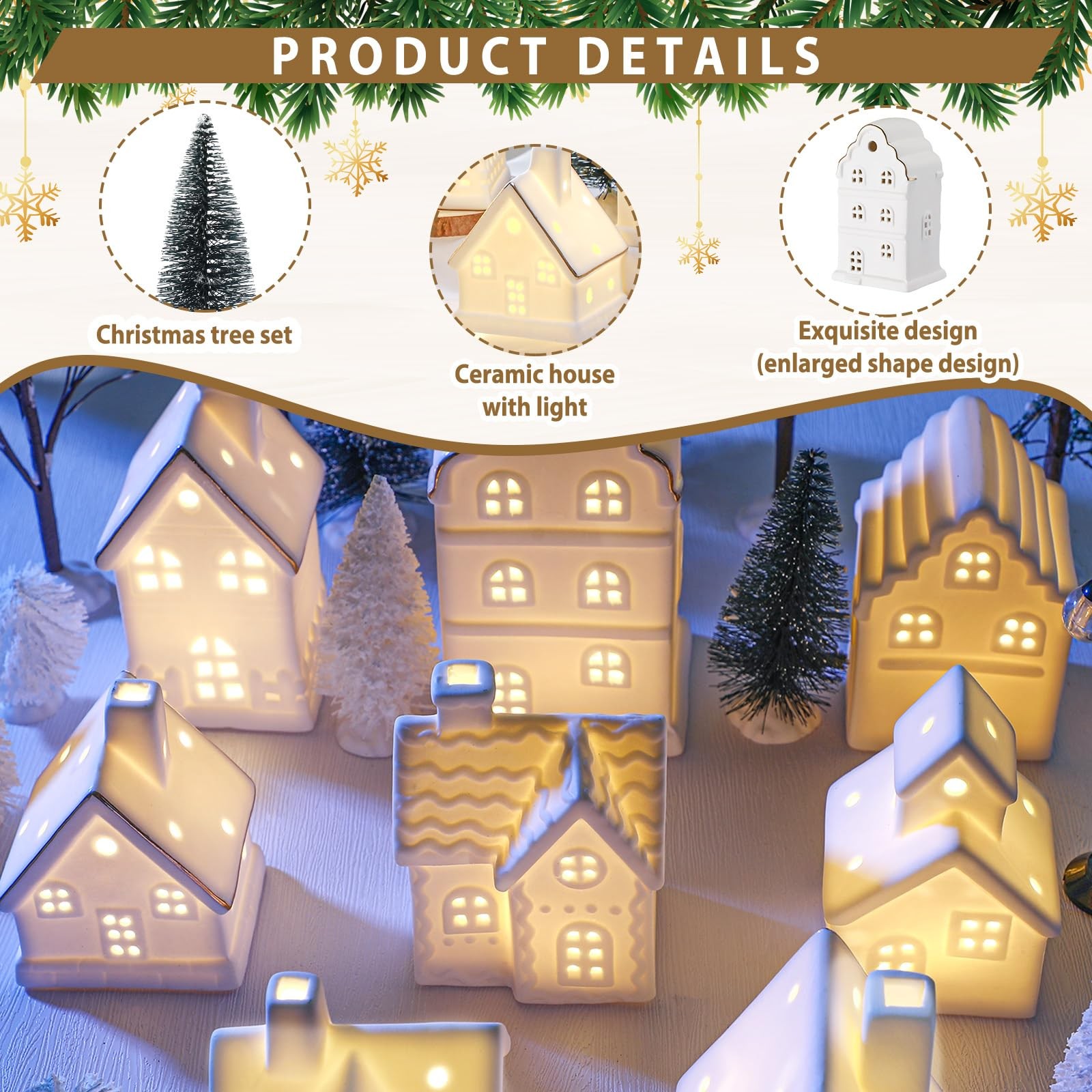 28 Pcs Ceramic LED White Christmas Village Set Include 8 LED White Christmas …