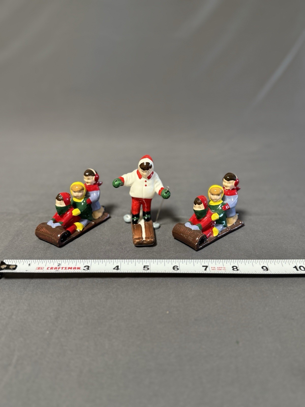 Dept 56 Vintage Christmas Skiers Figurines Set 3 Taiwan Sled Scene