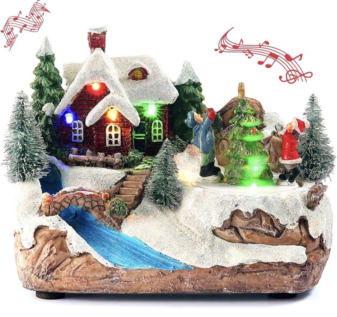 Christmas Village Houses with Rotating Xmas Tree, Plays Music & LED Lights🎄