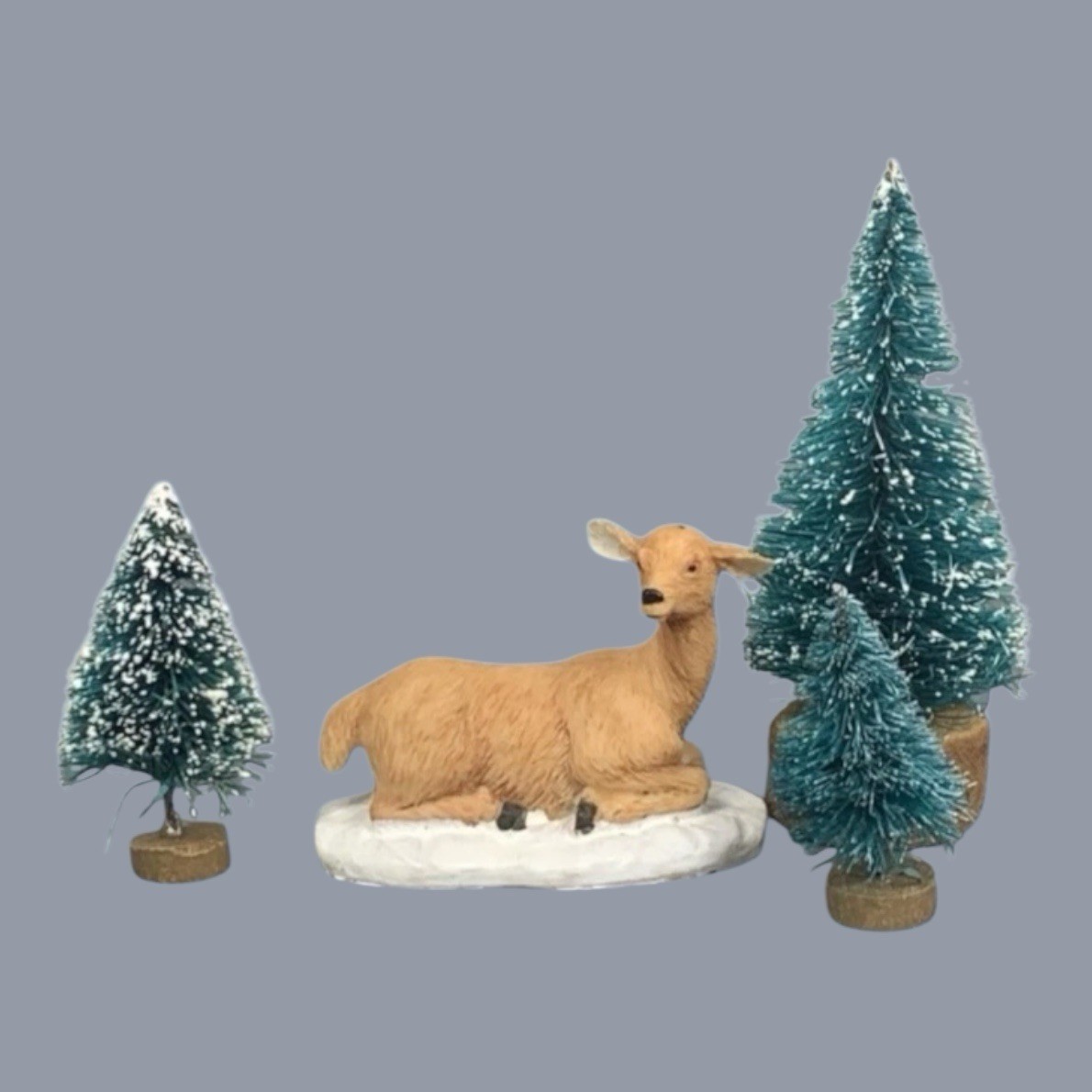 Lemax Christmas Village Town Deer Laying Down 2 Unbranded Bottle Brush Trees