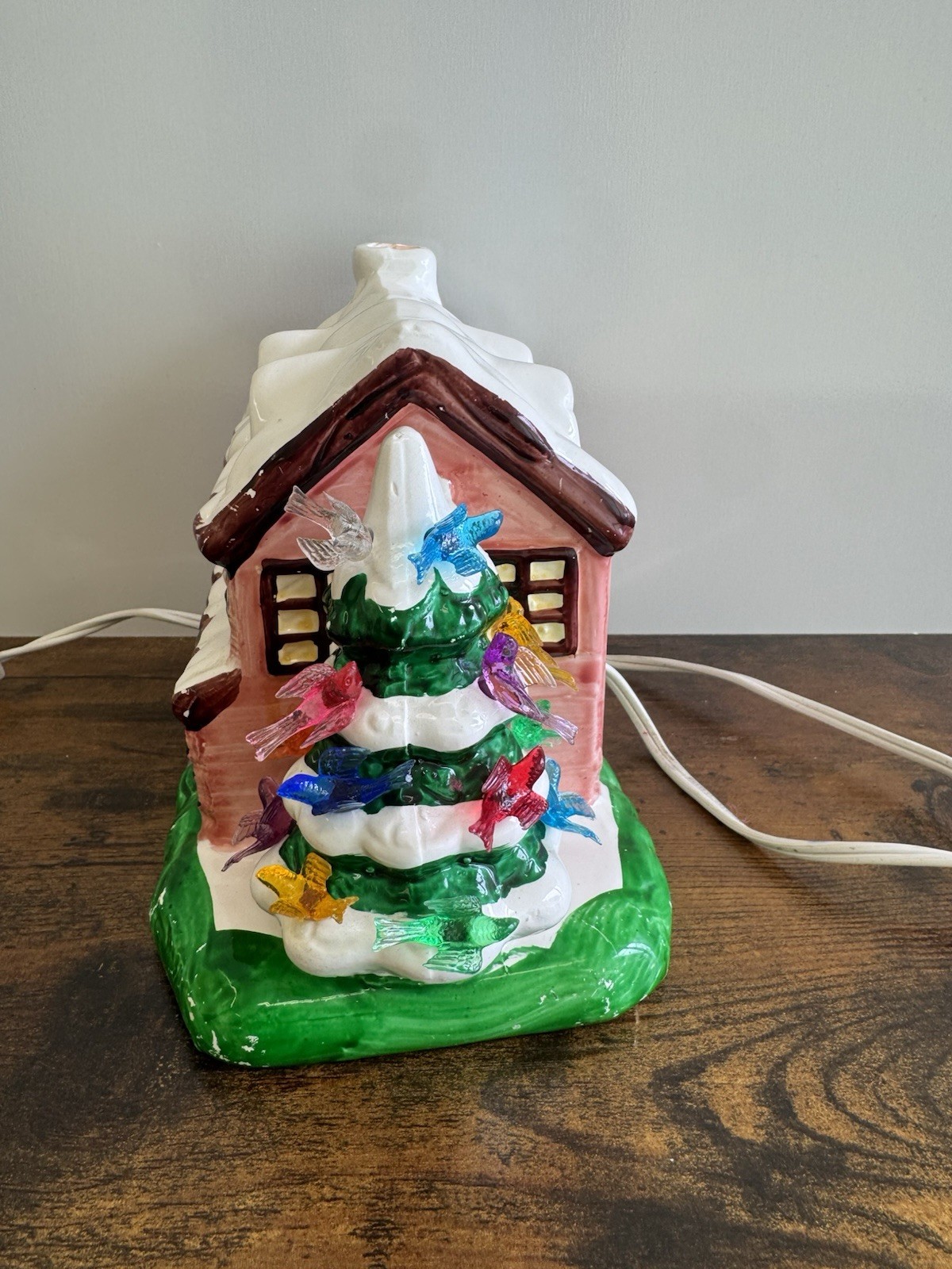 VTG Ceramic Christmas House Light Up w Tree Bird Lights Retro Decor Hand Painted