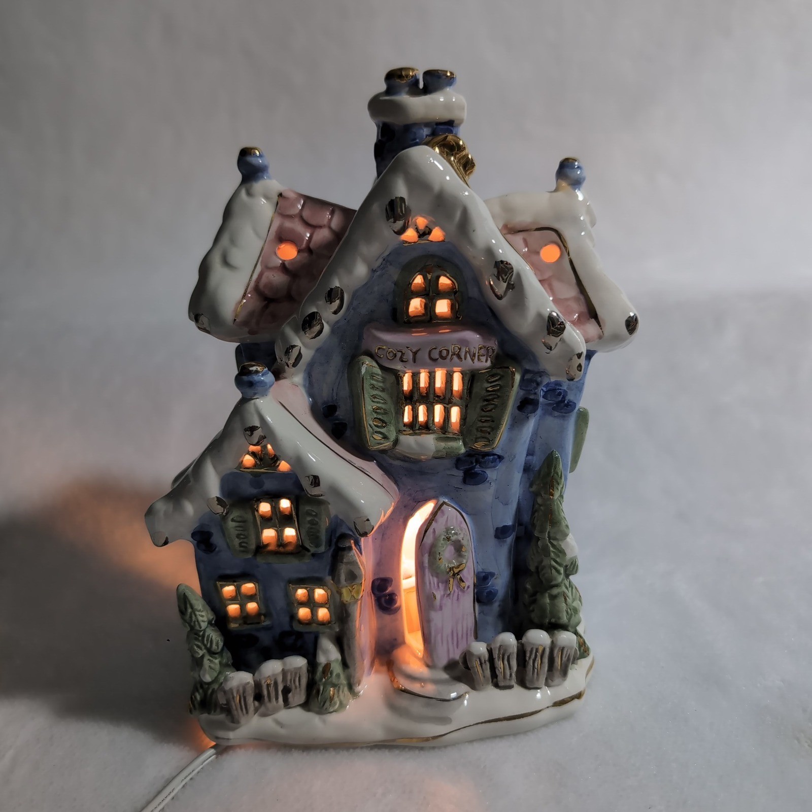 Vintage Cozy Corner Cottage ~Blue Pink Ceramic~ Lighted Christmas House~ Pastel