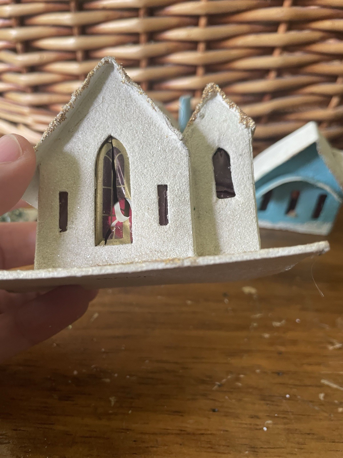Vintage Lot 6 Japan Putz Cardboard Houses Miniature Church Village Mica
