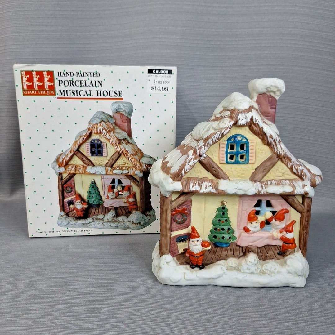 VTG Hand Painted Porcelain Musical House Village Christmas Elves In Box Caldor