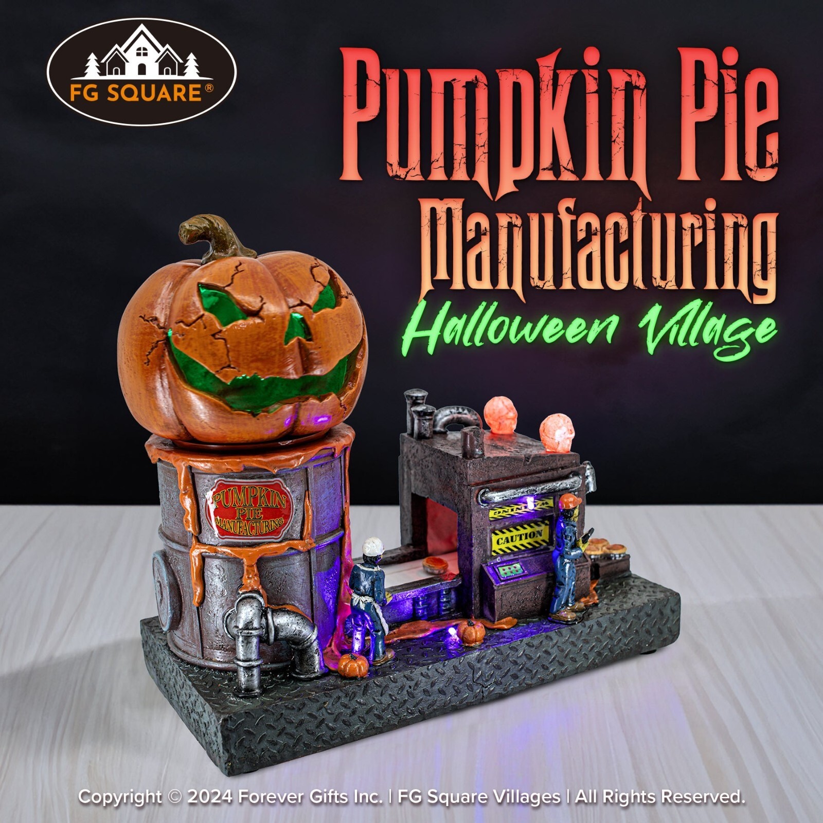 FG Square Pumpkin Pie Manufacturing Spooky Halloween Village Decor 11x 6×10″