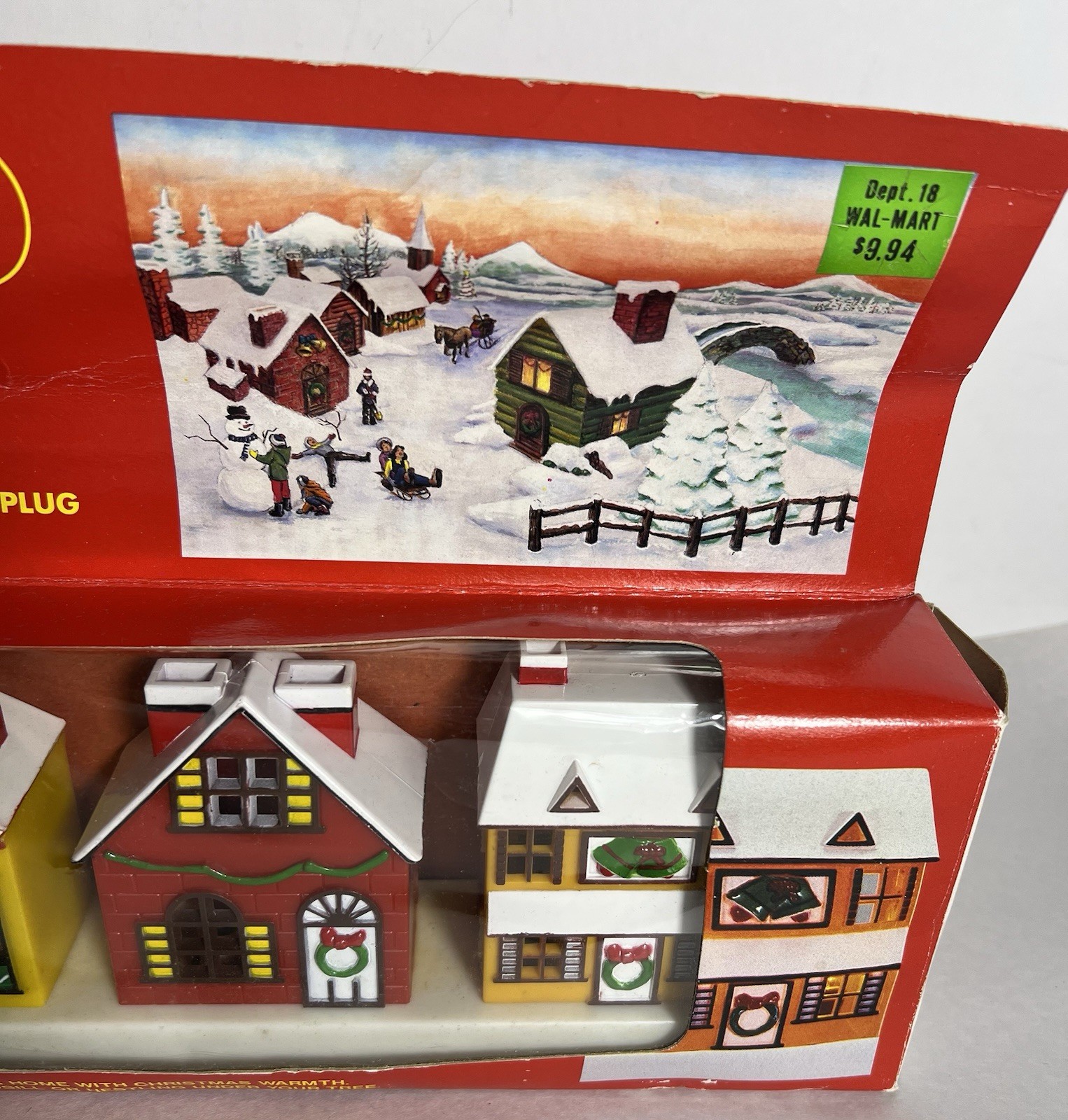 Vintage 10 Light Christmas Village Scene Houses Lighted Cottage Core In Box