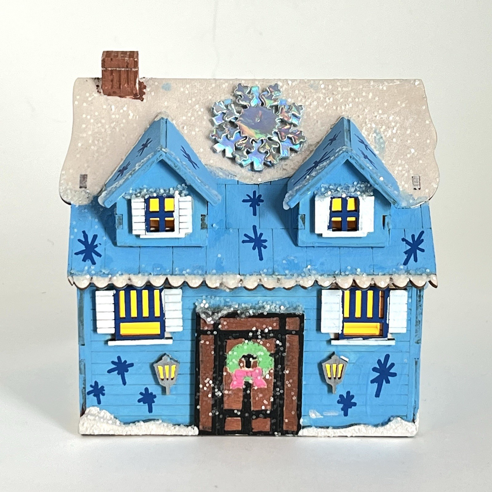 Cardboard Christmas House Light Up 5 Inch Retro Putz Blue With Snowflakes