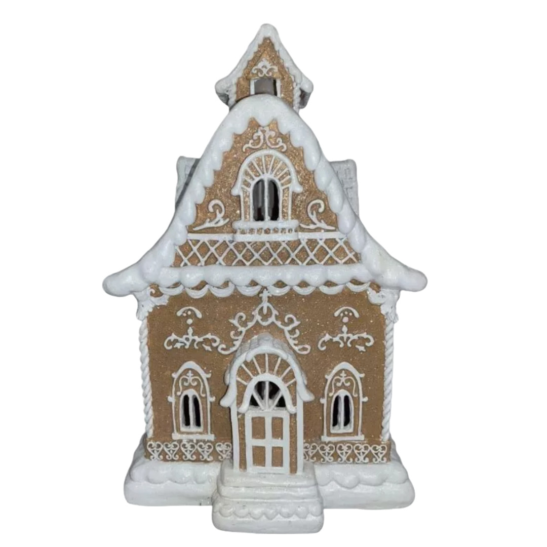 Christmas Light Brown 14″ Victorian LED Village Icing GINGERBREAD HOUSE New