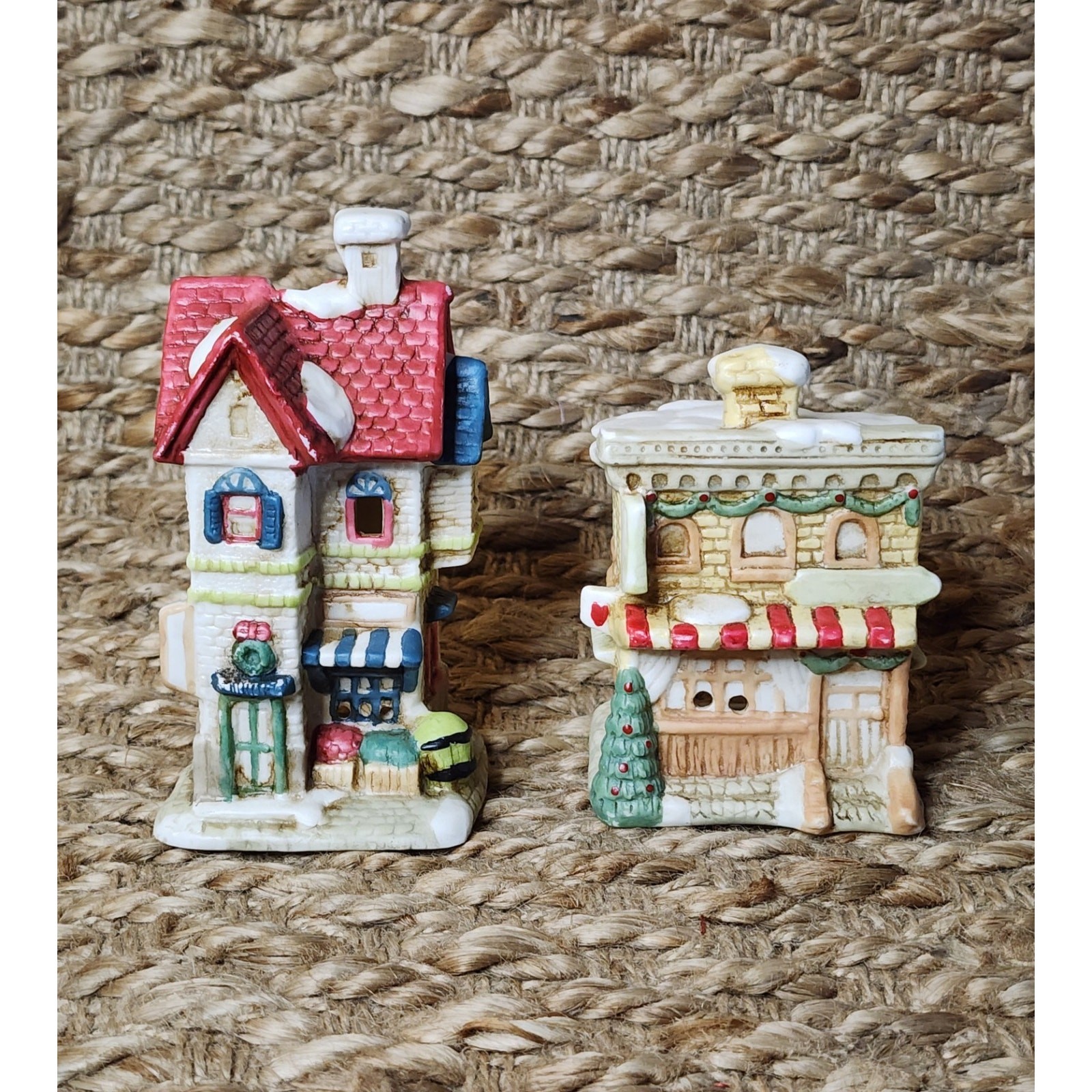 2 Vintage Mini Christmas Village Tea Lights 1990s Holiday Decor Porcelain
