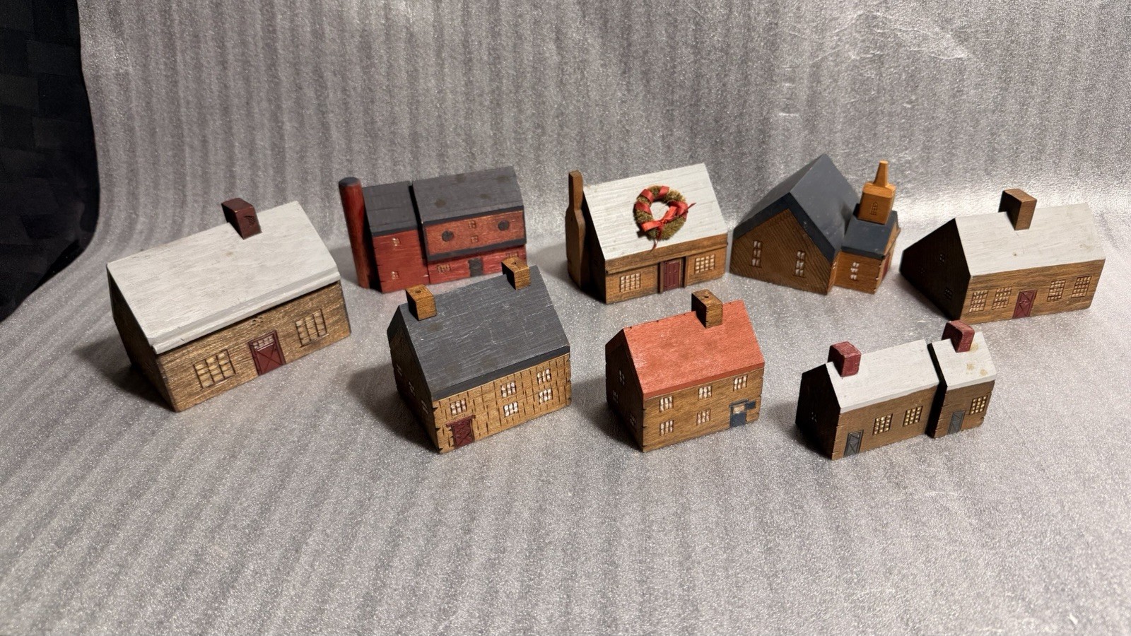 Vintage Pennsylvania “HOOVER” Folk Art Wooden Block Houses, Church, Barn 8 Piece